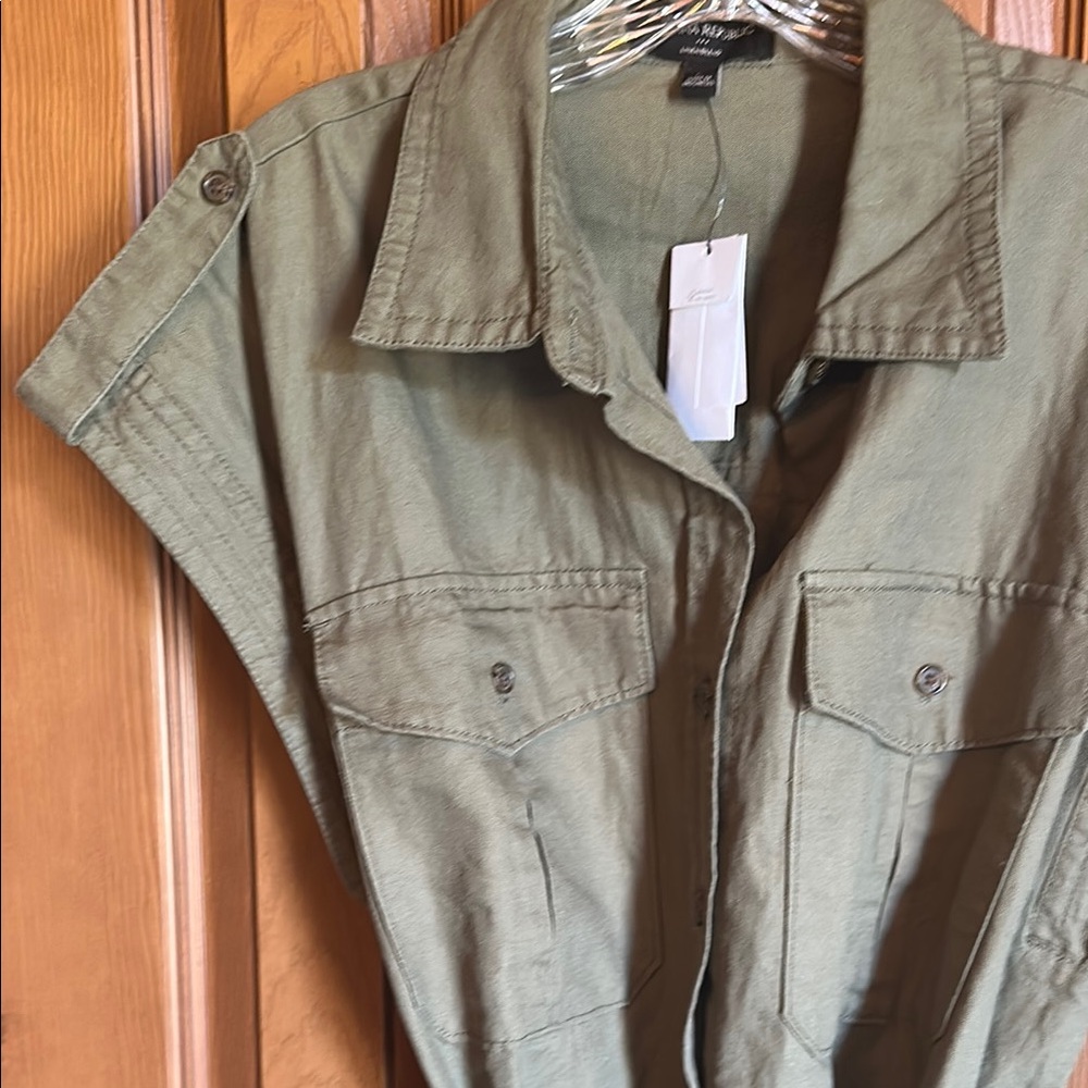 NWT Banana Republic Khaki Green Belted Button-Up Knee Length Dress, size Large - Picture 3 of 6
